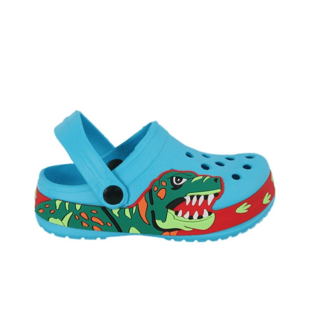 Front View of Light Blue Dino Clog with Vibrant Dinosaur Illustration