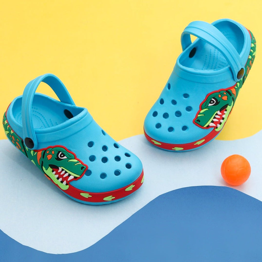 Playful Light Blue Dinosaur-Print Clogs for Kids