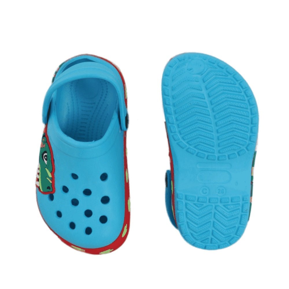 Overhead and Sole View of Kid-Friendly Light Blue Dino Clogs