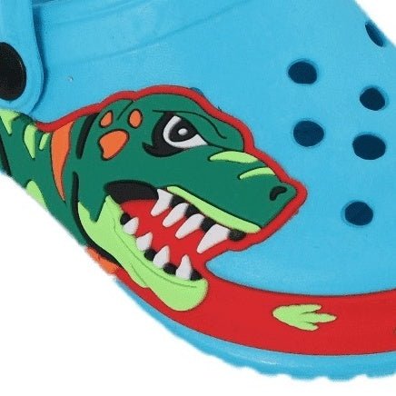 Close-up of Light Blue Dino Clog with Colorful Dinosaur Detail