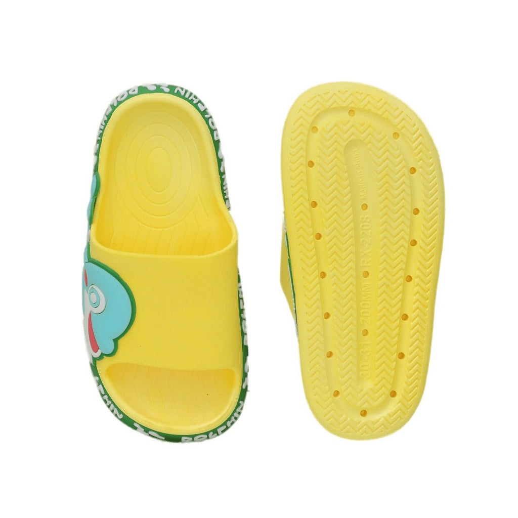 Bottom view of children's yellow slide with a textured non-slip sole for safe playtime