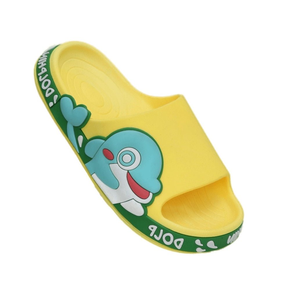 Top view of yellow kids' slide with embossed dolphin graphic and secure, vibrant edging.