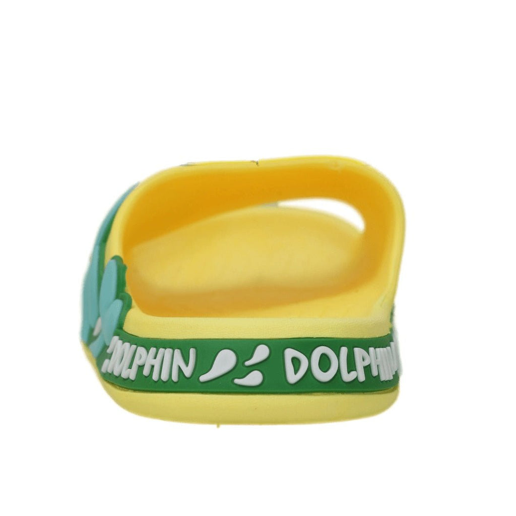 Single yellow slide angled to show off the dolphin design and green trim for stylish, secure wear.