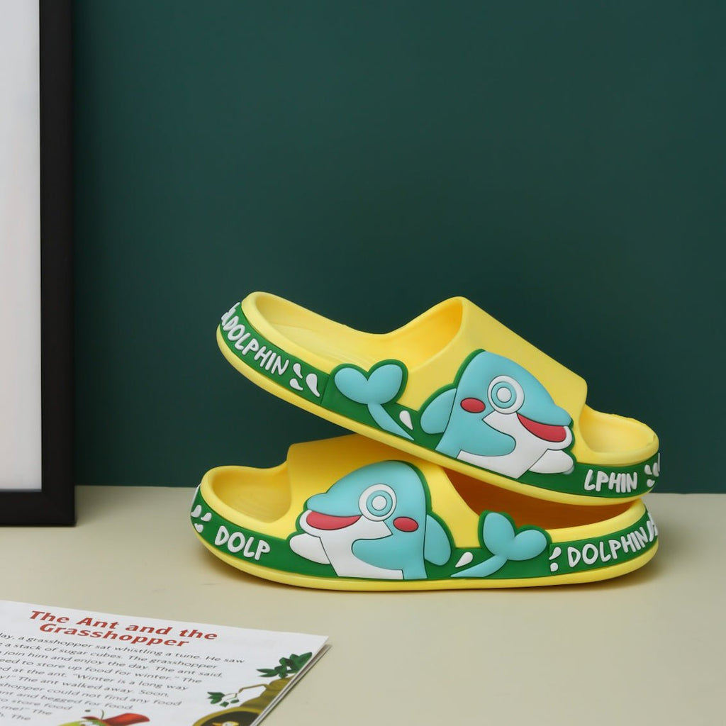 Dolphin-Embossed Yellow Slides Against Dark Green Background