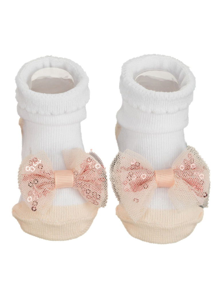 Set of premium cotton baby socks in white, pink, and peach with bow details