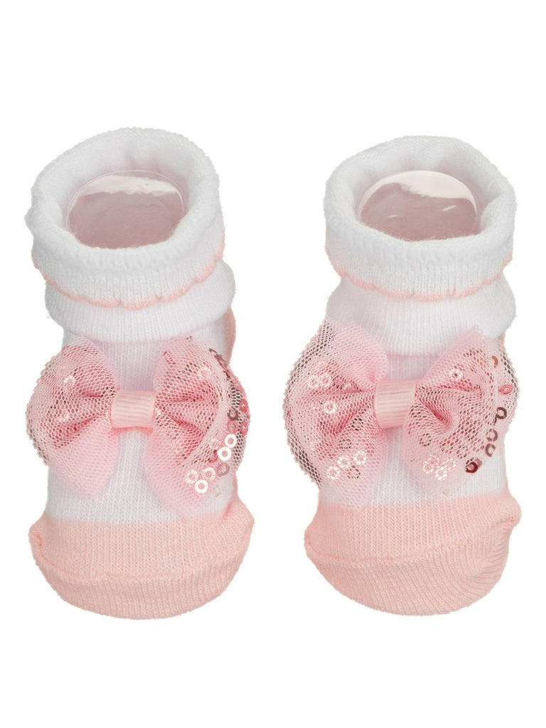 Peach baby sock with a cute bow, featuring anti-bacterial properties
