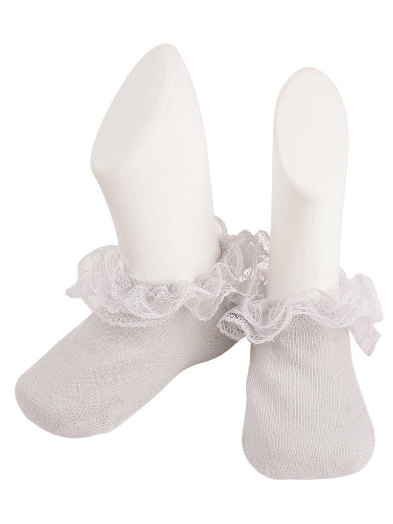 Image showcasing the side view of Yellow Bee's lace frill socks, emphasizing the exquisite lace detailing.