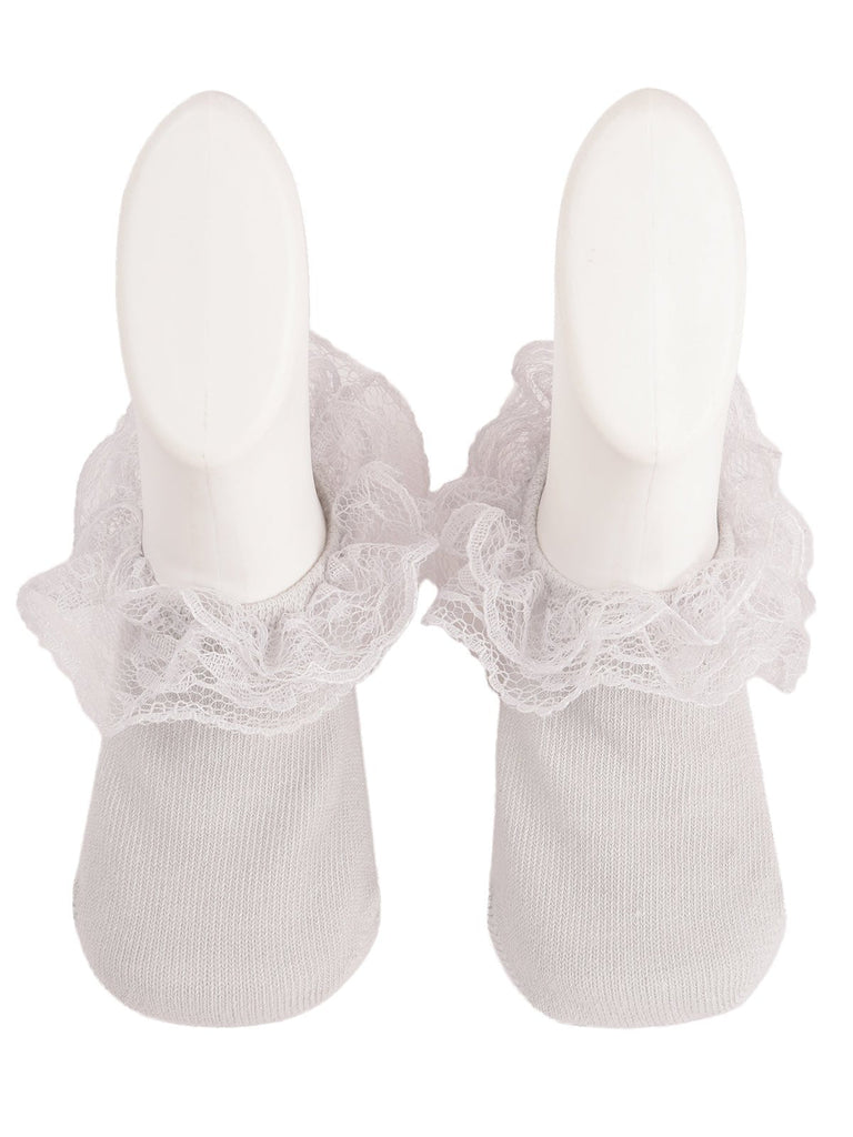 Image depicting the front view of Yellow Bee's lace frill socks, highlighting the ruffled lace edges.