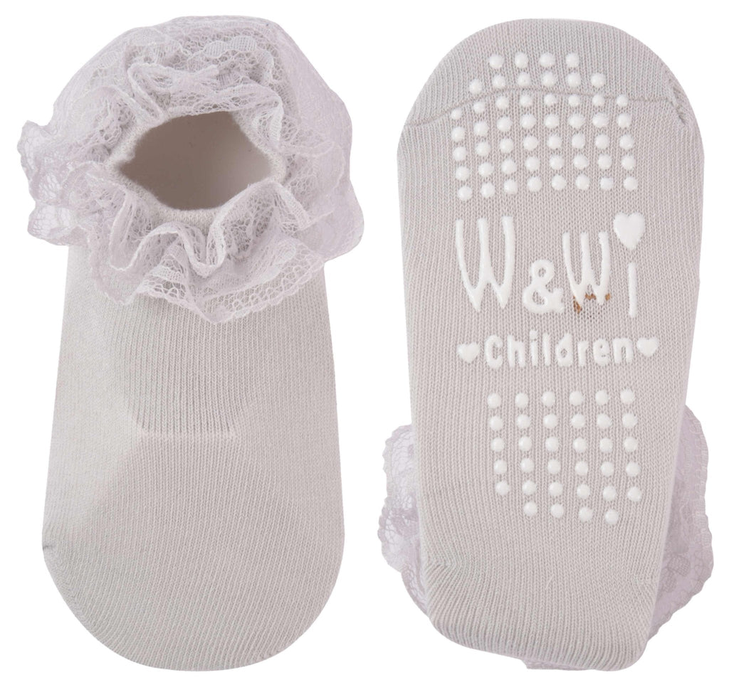 Image of the non-slip sole of Yellow Bee's lace frill socks, featuring the logo and anti-slip dots for safety.