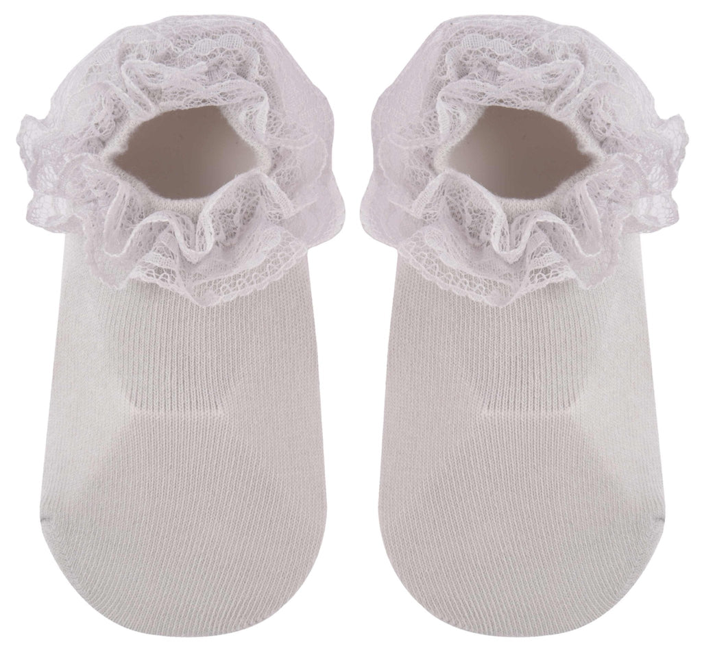 Image of delicate white lace frill socks by Yellow Bee, perfect for dressing up any little girl's outfit.