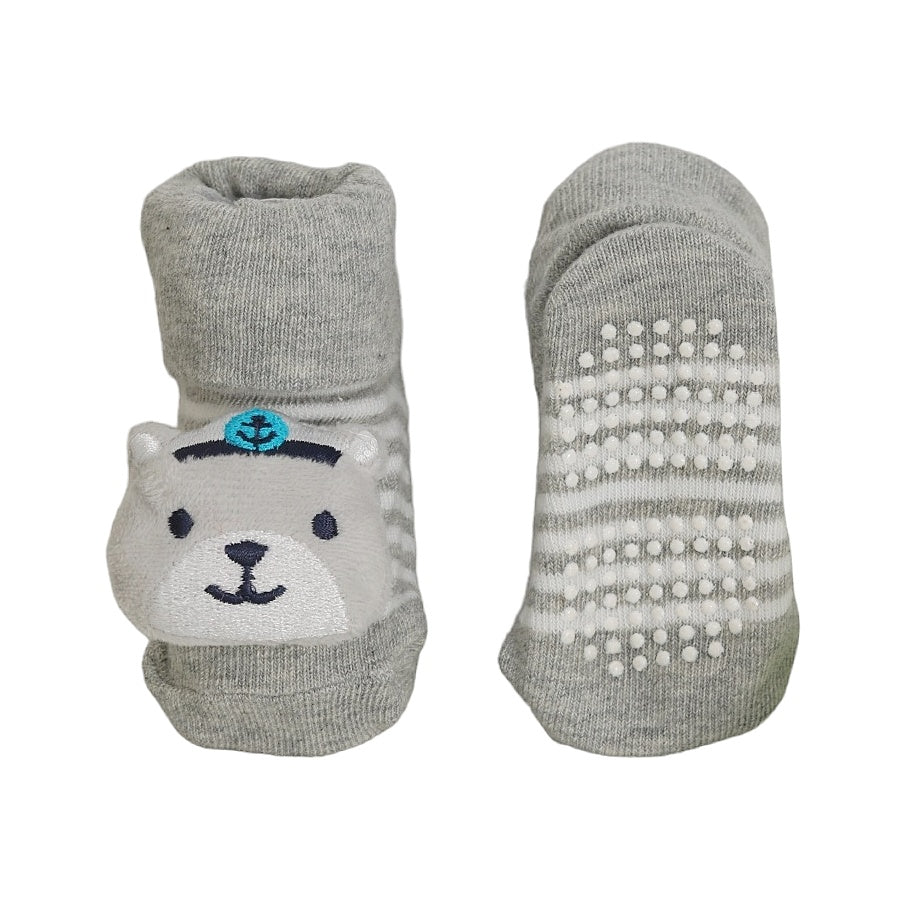 Yellow Bee's grey socks, featuring a teddy bear with anti-skid patterns, displayed for full design view.