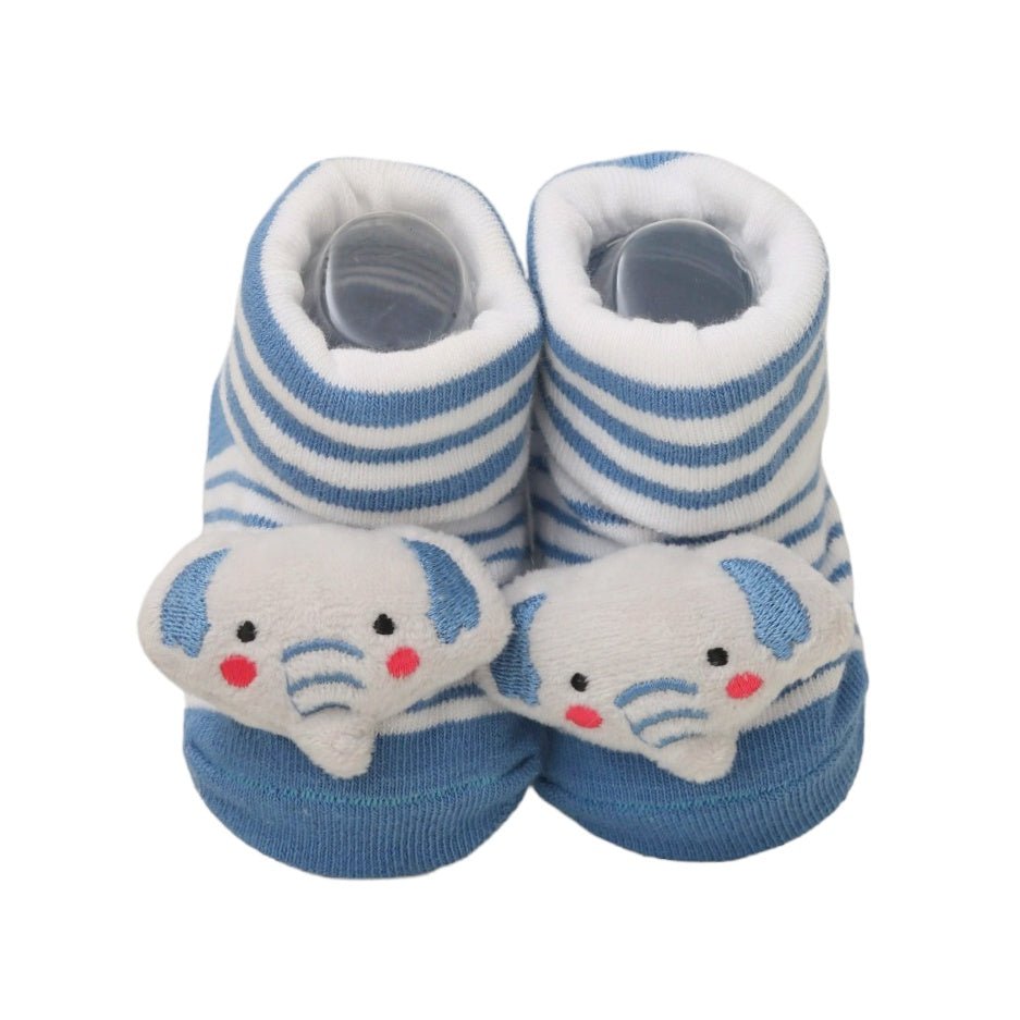 Blue and white striped baby socks with elephant stuffed toy details and anti-skid soles by Yellow Bee.