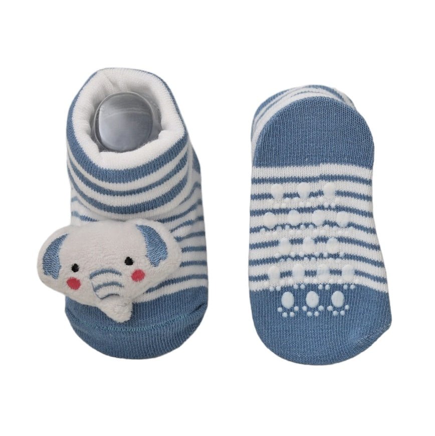 Top and bottom view of Yellow Bee's baby socks with blue elephant design, showcasing anti-skid features.