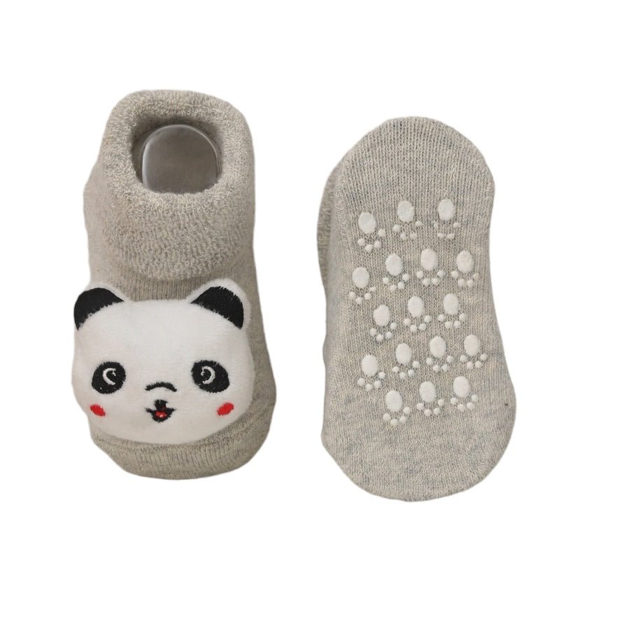 Gray sock with panda design and non-slip sole for kids, front and bottom view.