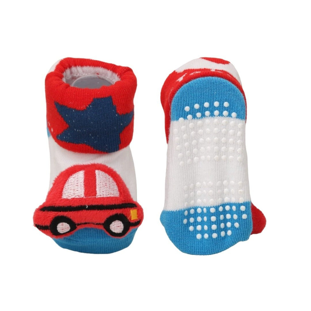 Red and blue sock with car design and non-slip sole for kids, front and bottom view.