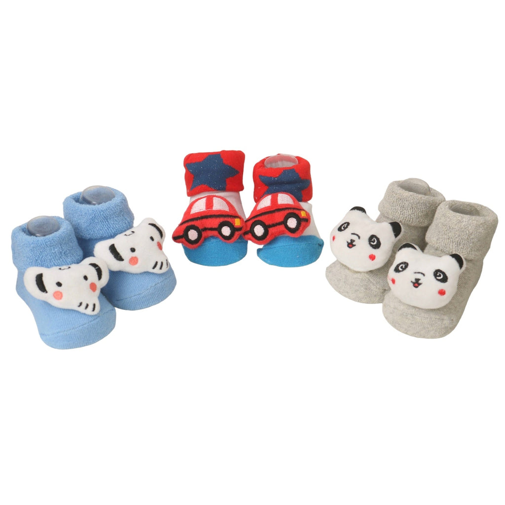 Set of kids' socks with blue elephant, gray panda, and red car designs, group display.