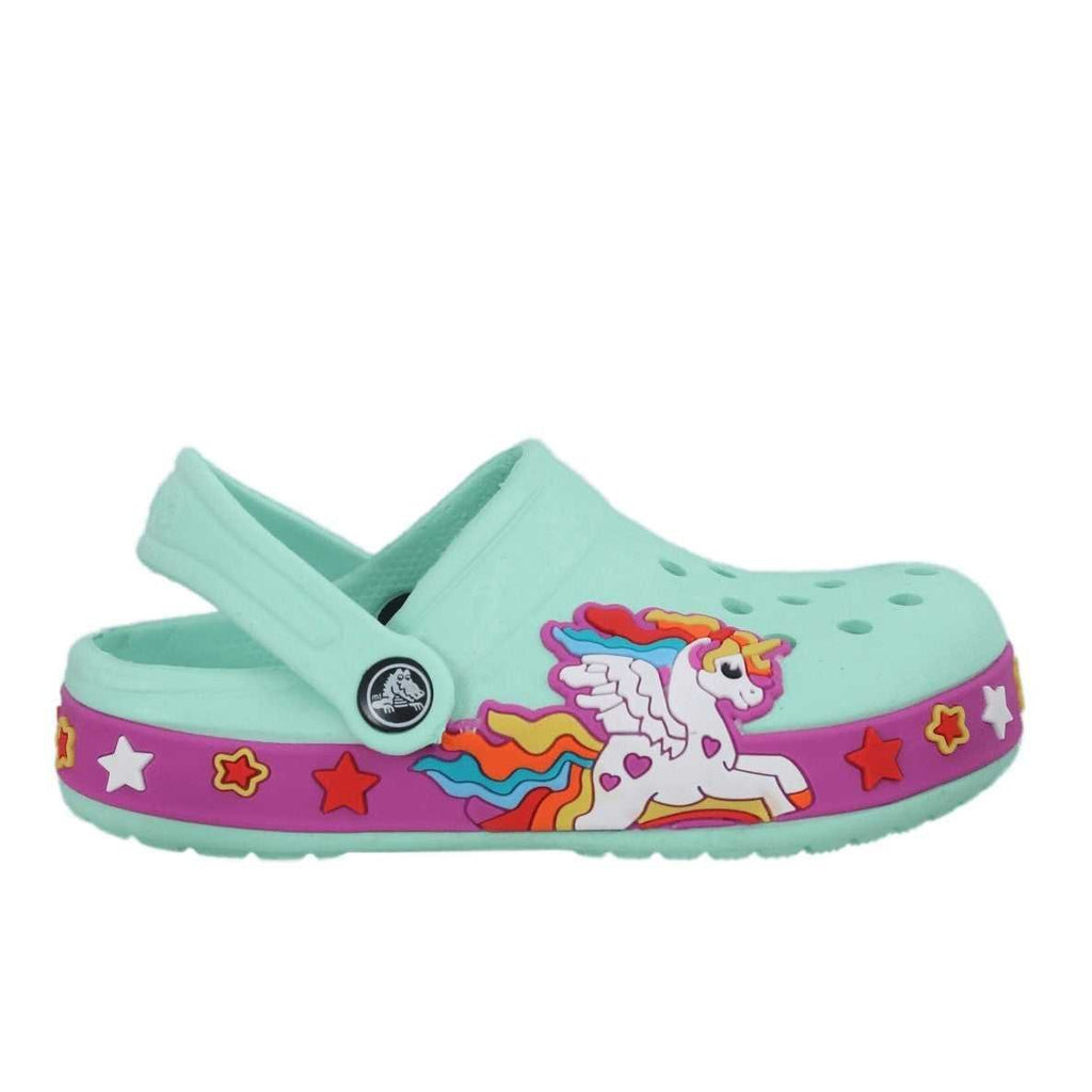 Side view of aqua unicorn-themed clogs, perfect for kids who love a touch of magic in their step.