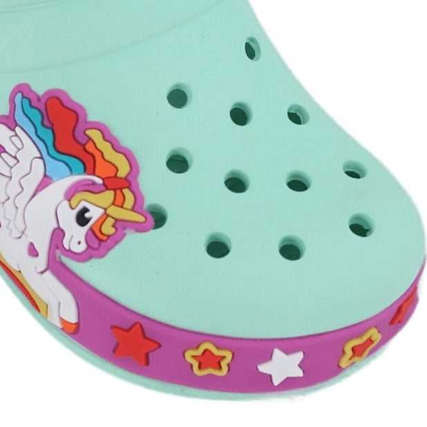 Close-up of the aqua clogs' unicorn and star design, inviting children to a world of imagination