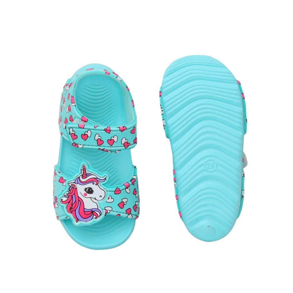 Top and bottom view of aqua unicorn sandals showing the heart pattern and non-slip design.