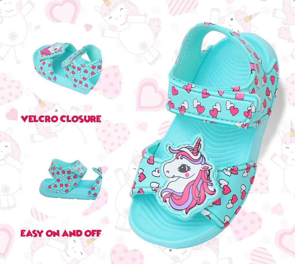 Infographic Detailed view of the velcro closure on aqua unicorn sandals with heart prints for easy wear.