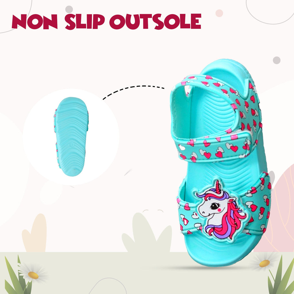 Infographic Profile of non-slip outsole on children's aqua unicorn sandals for safe play