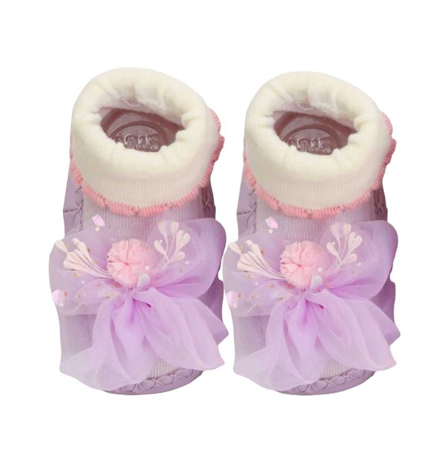 Top View of Purple Flower Applique Leather Socks for Baby Girl with Anti-Skid Soles
