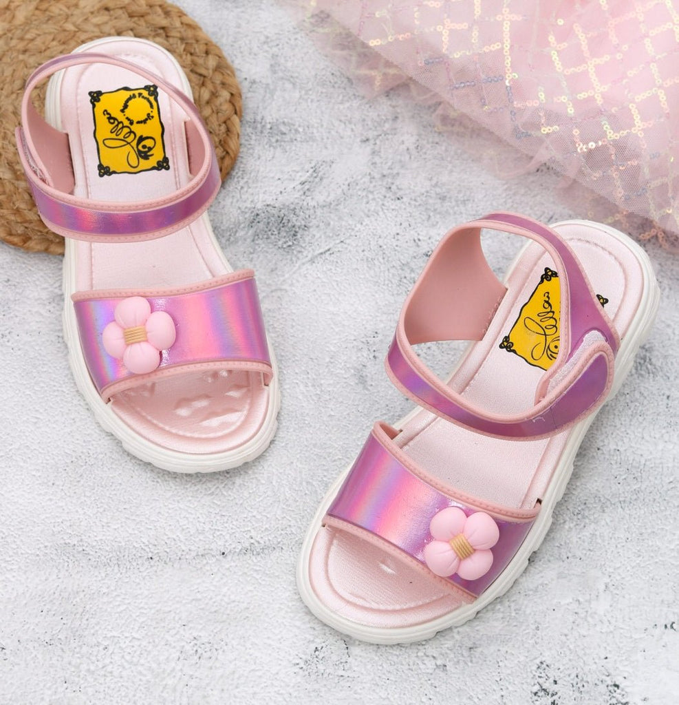 Pair of pink holographic flower embellished sandals for children