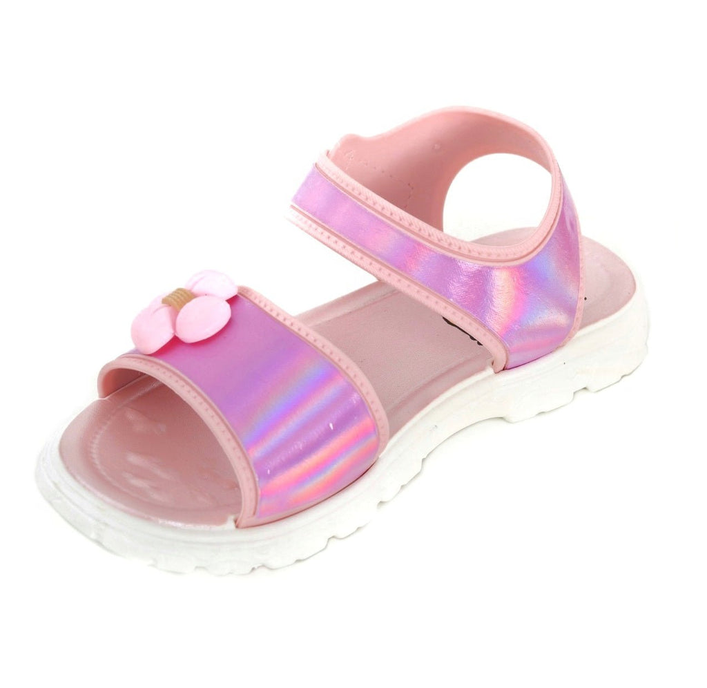Side view of a single pink holographic sandal with flower embellishment for kids