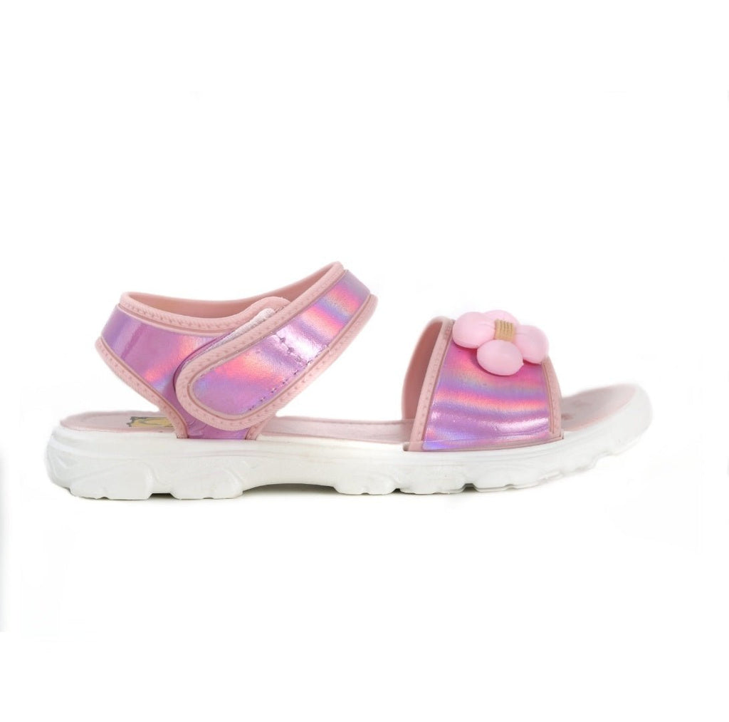 Sole view of pink holographic children's sandal with anti-slip design