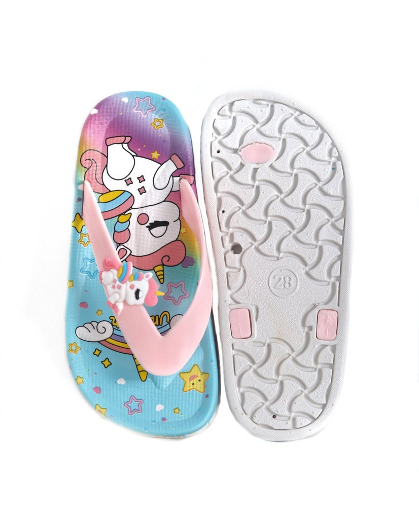 Durable blue unicorn flip-flops for kids, showcasing the anti-slip sole design