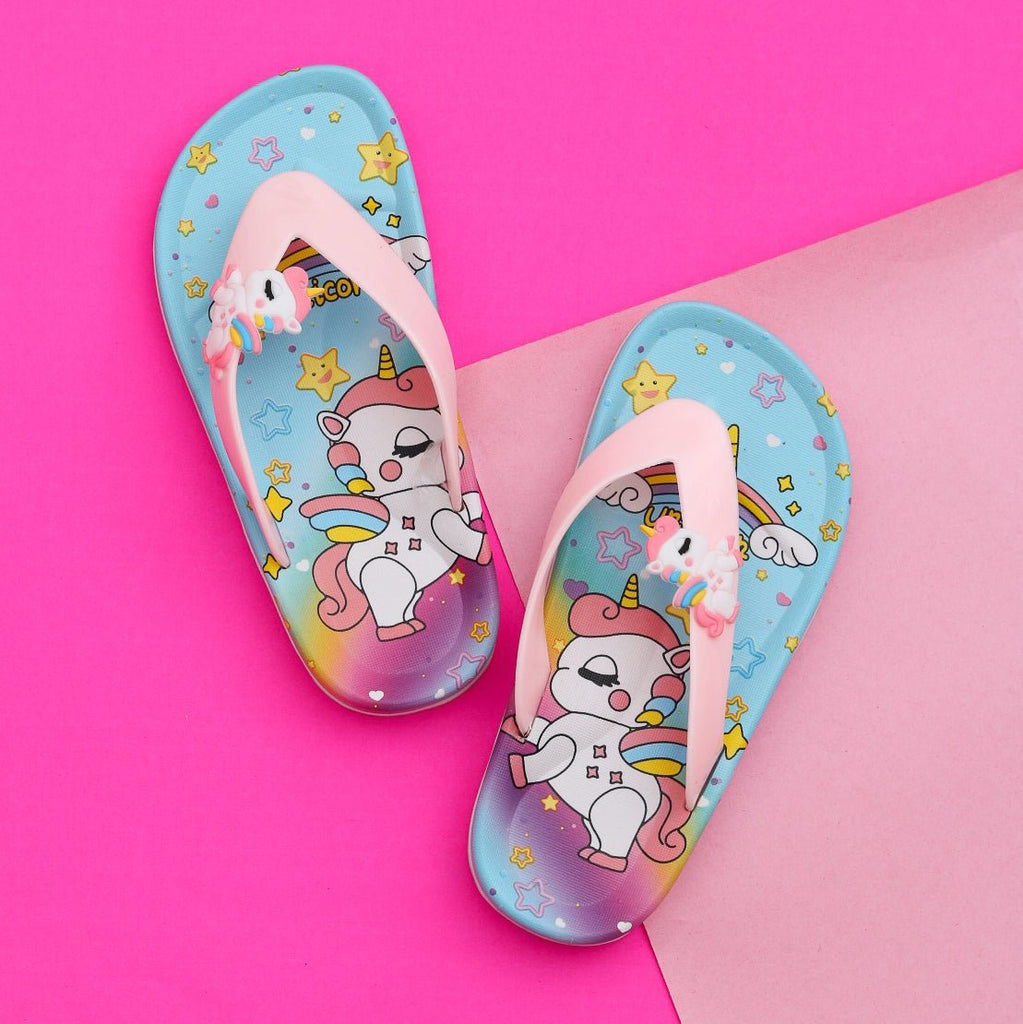 Kids' blue unicorn-themed flip-flops with a cute bow detail on a vibrant pink strap.