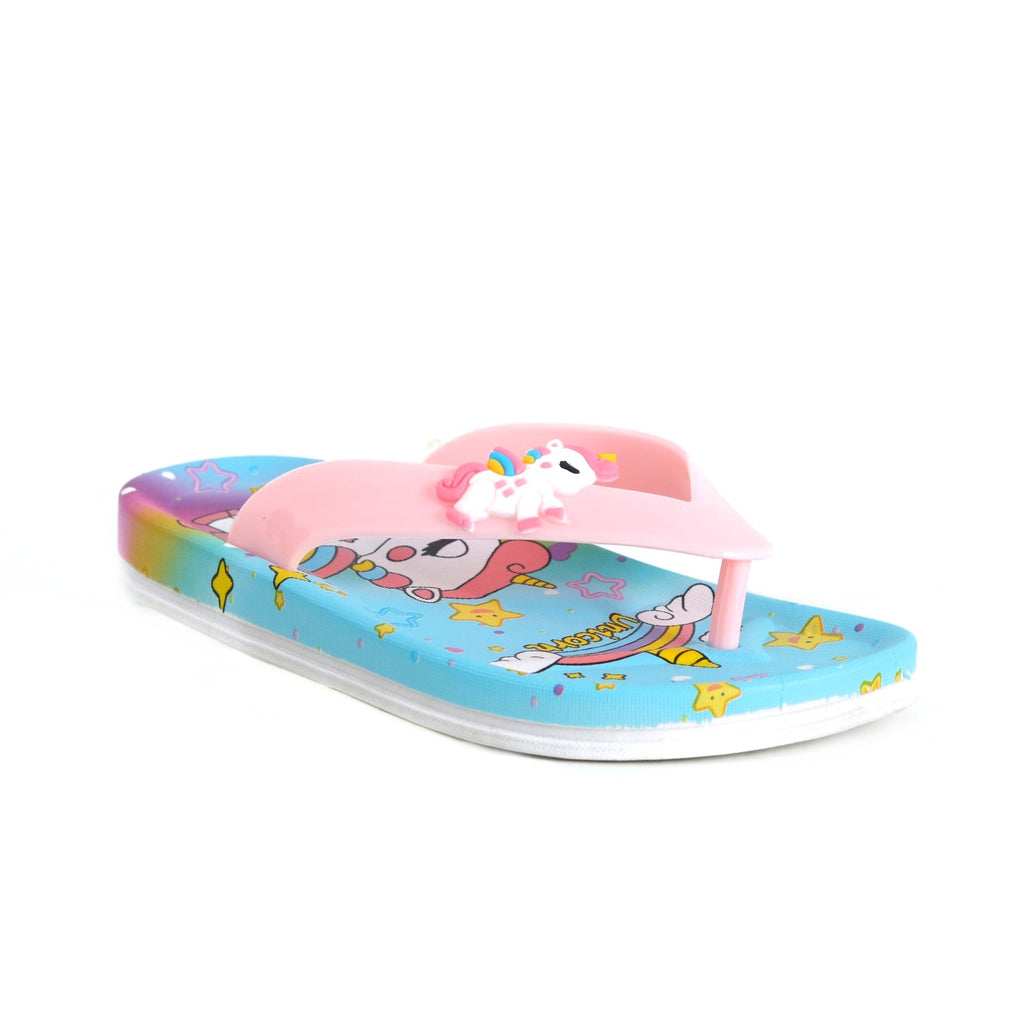 Side View of Children's Blue Unicorn Themed Flip-Flops with Pink Straps