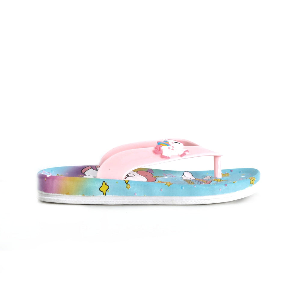 Side view of child-friendly unicorn flip-flops in blue with a comfortable soft thong