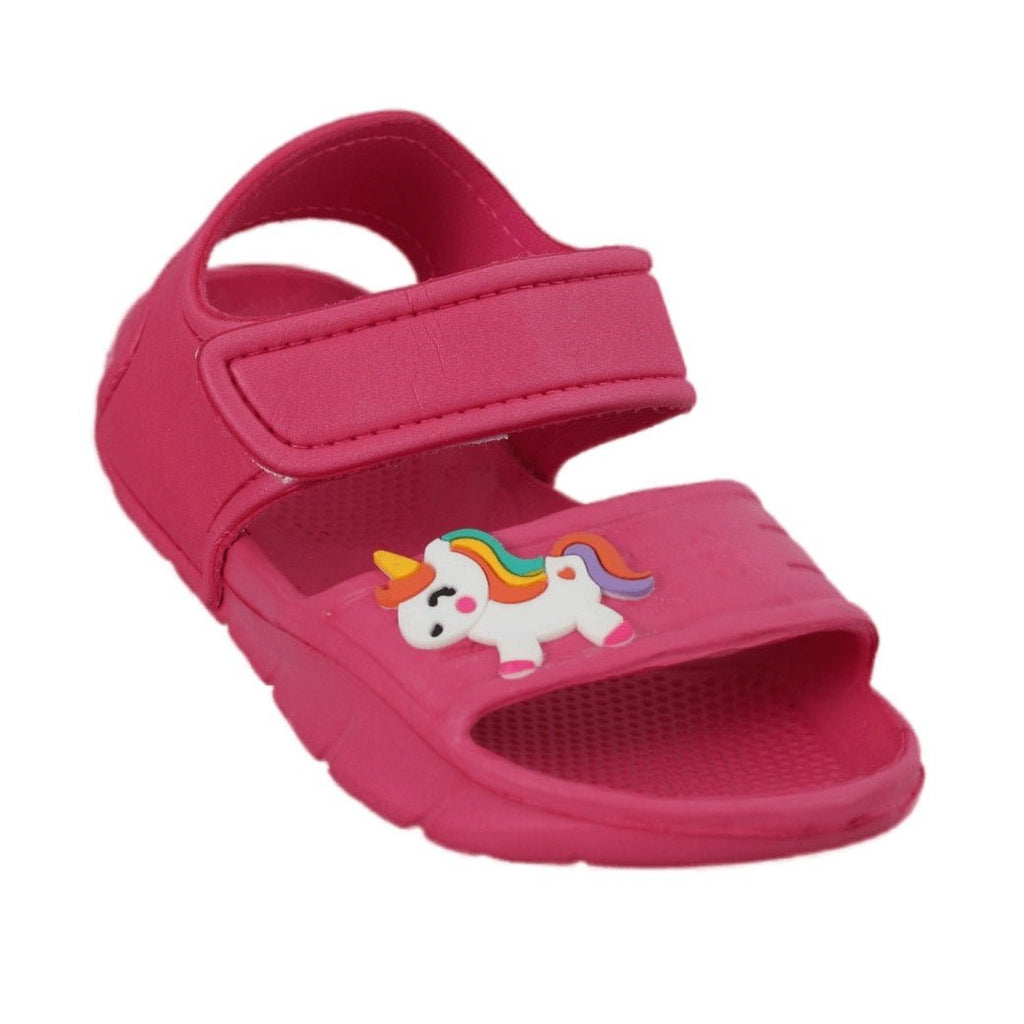 Single dark pink unicorn sandal at an angle showcasing the unicorn motif.