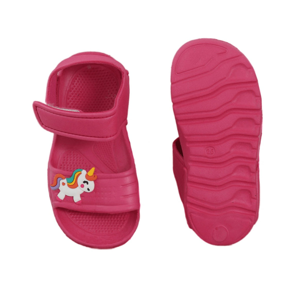 Underneath view of dark pink unicorn sandals showing the non-slip sole