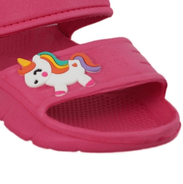 Close-up of the adorable unicorn charm on a dark pink sandal.