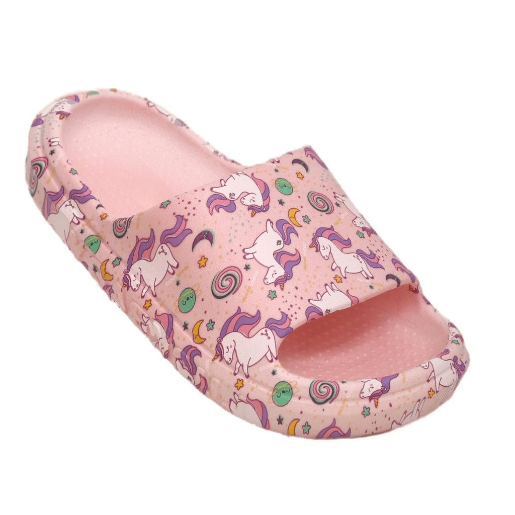 Top view of a single pink unicorn printed slide, highlighting the playful pattern and soft footbed