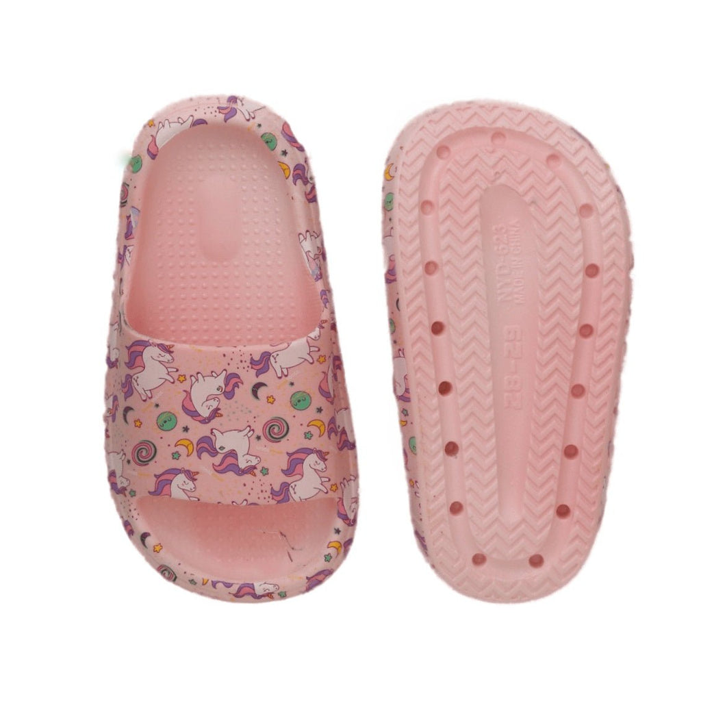 Sole view of the pink unicorn slide, showcasing the anti-slip pattern for safe play