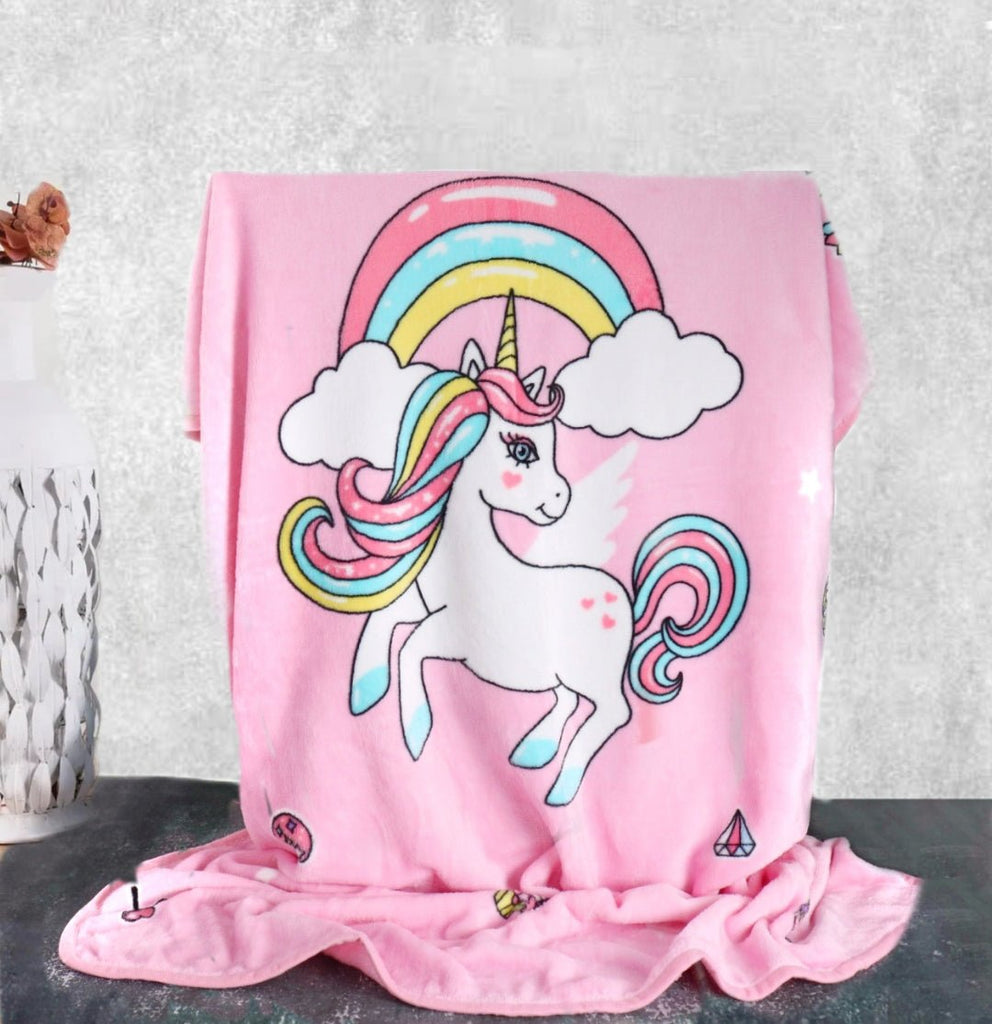Unicorn Blanket in Pink with Rainbow - Whimsical Bed Accessory for Girls