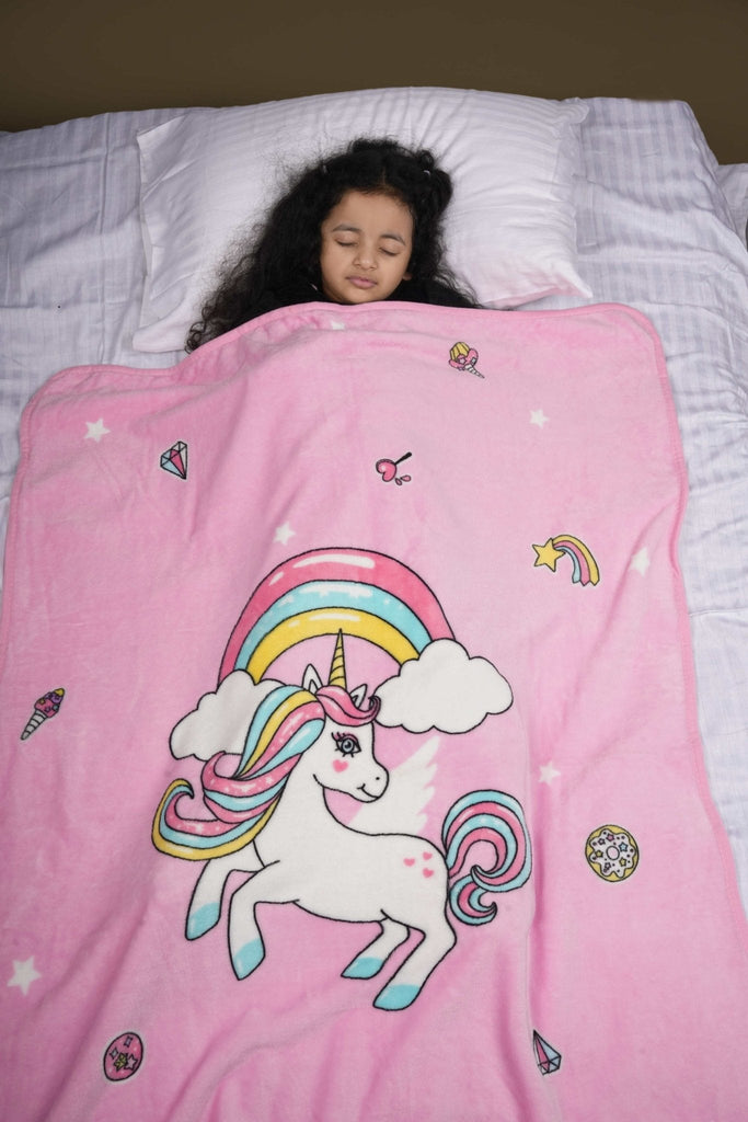 Girl Asleep with Unicorn Blanket - Dreamy Pink Comfort