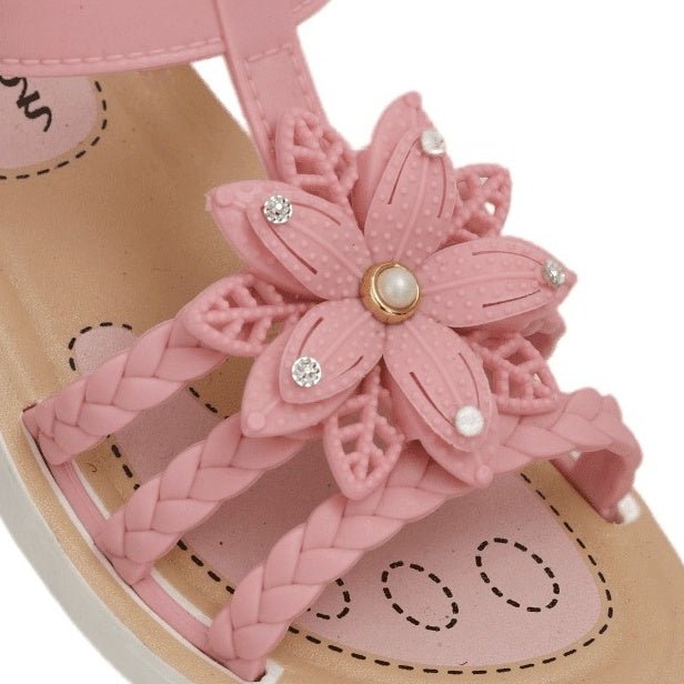 Close-Up of the Intricate Flower and Gemstone Design on Toddler Sandals