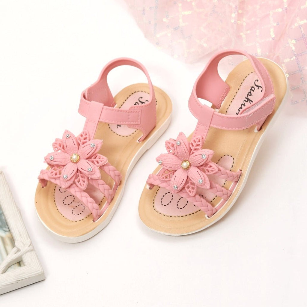 Top View of Enchanted Garden Toddler Flower Sandals in Soft Pink