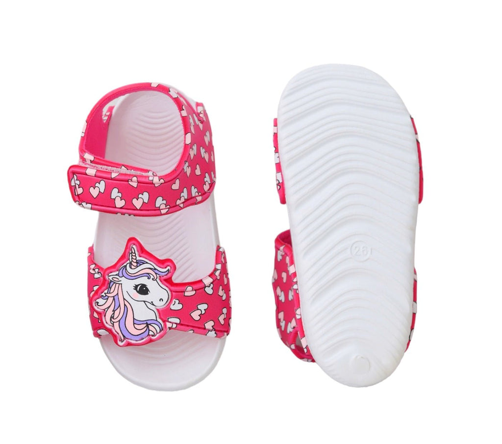 Top and sole view of the Enchanted Hearts Unicorn Sandals, displaying the secure and stylish design