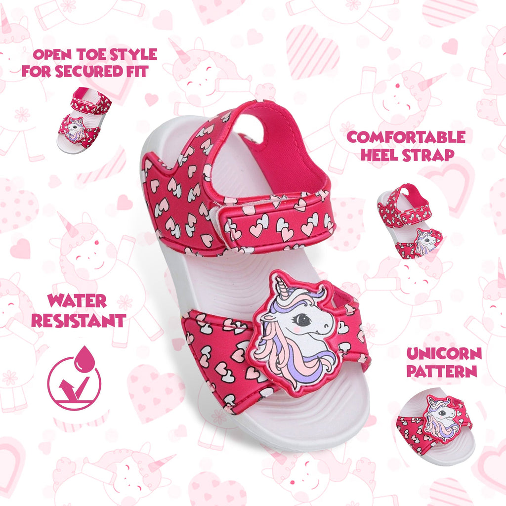 Infographics Close-up of the Enchanted Hearts Unicorn Sandals showcasing the open-toe design and water-resistant material