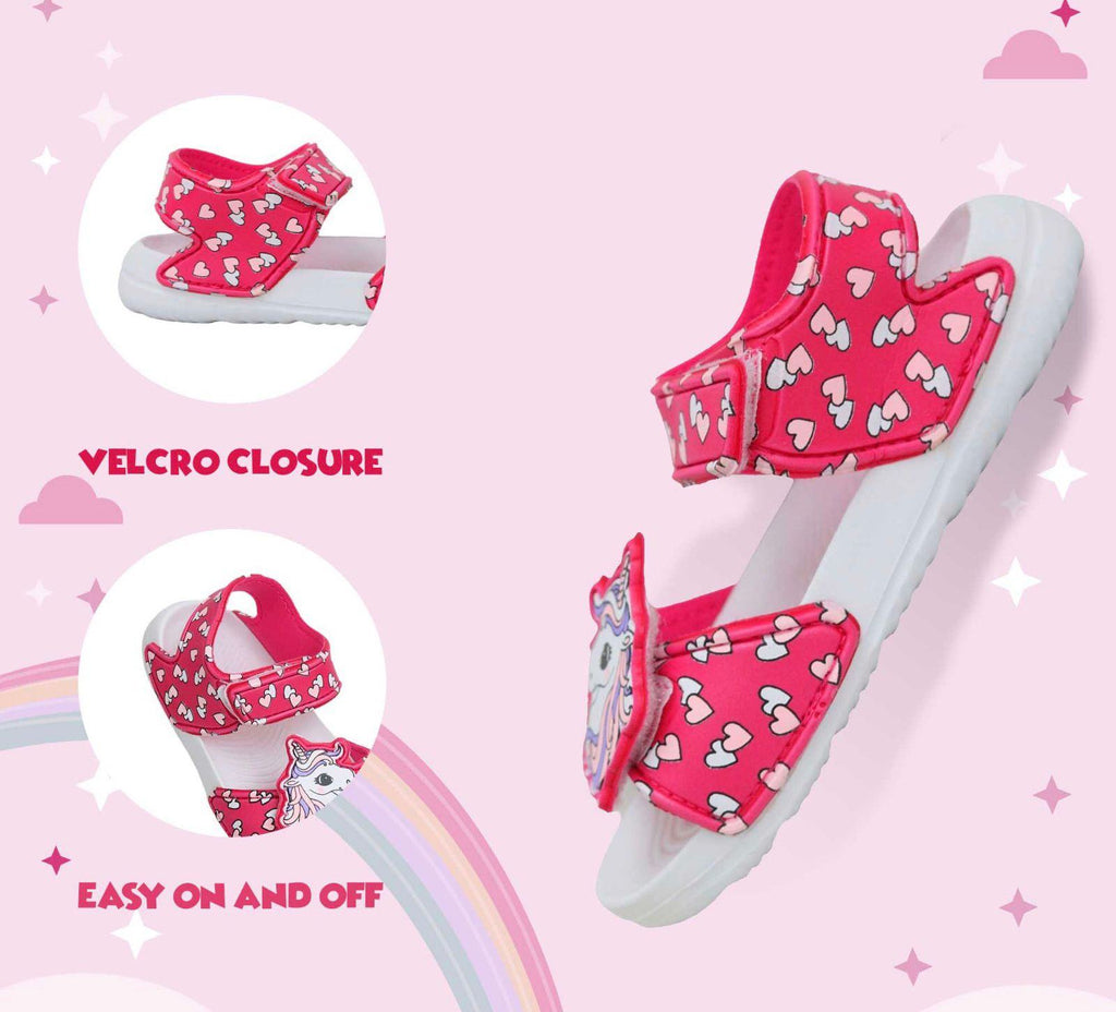 Infographic Detailed view of the Enchanted Hearts Unicorn Sandals highlighting the Velcro closure for easy wear