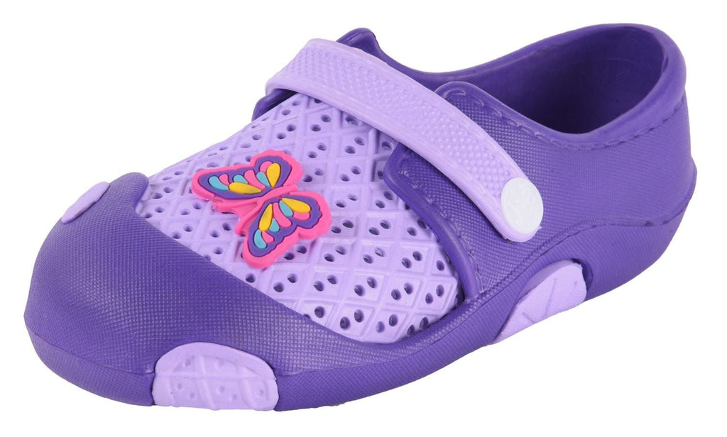 Angle View of Purple Butterfly Rubber Clogs for Girls