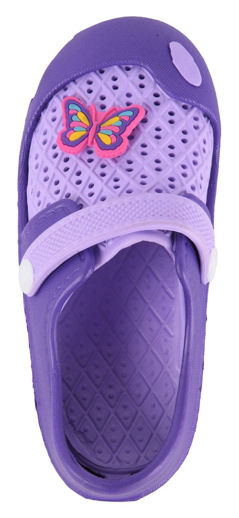 Top View of Purple Butterfly Rubber Clogs for Girls