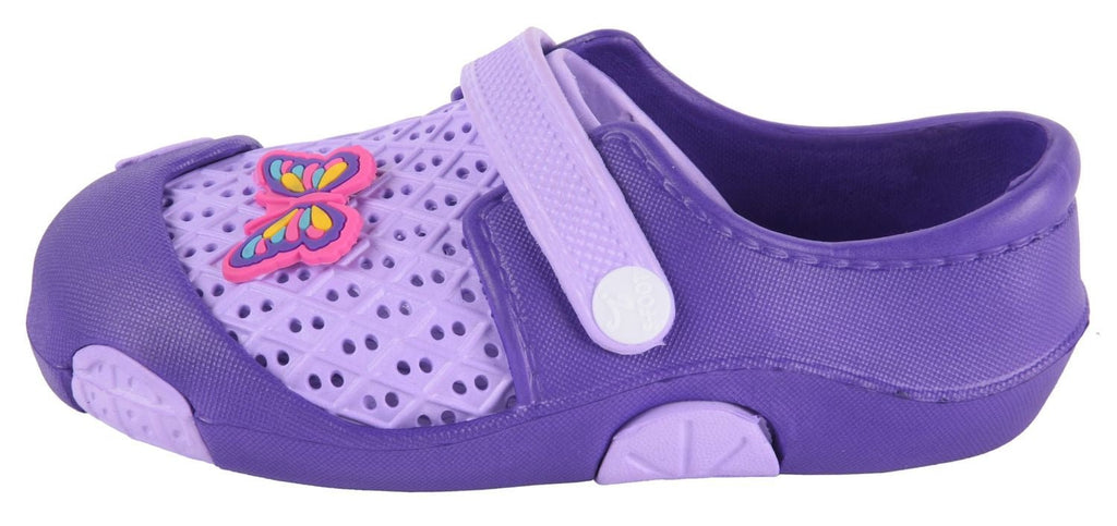 Side View of Purple Butterfly Rubber Clogs for Girls