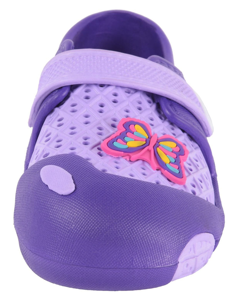 Close-Up of Purple Butterfly Rubber Clogs for Girls