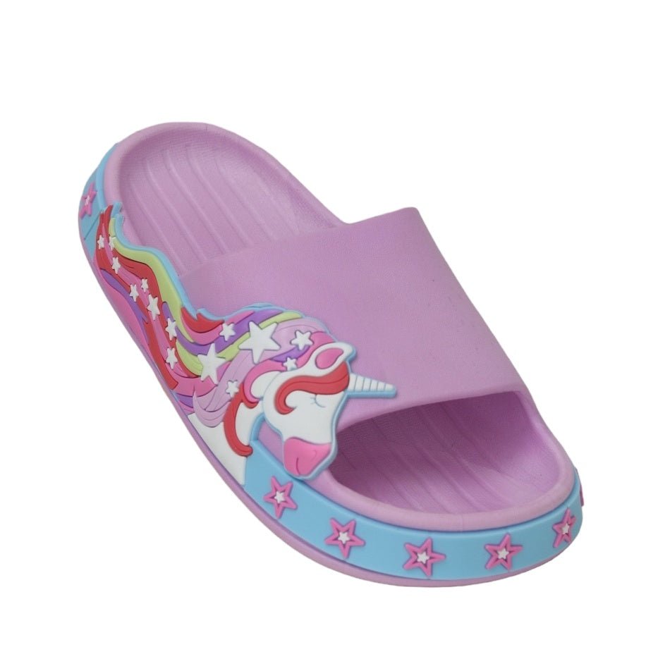 Side View of Kids' Purple Unicorn Slides with Rainbow Detail